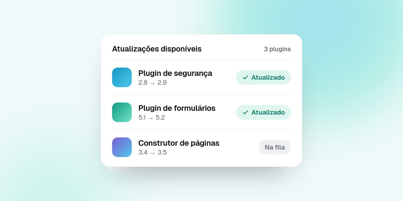 Lista de plugins do WordPress com duas atualizações concluídas e uma na fila de espera.