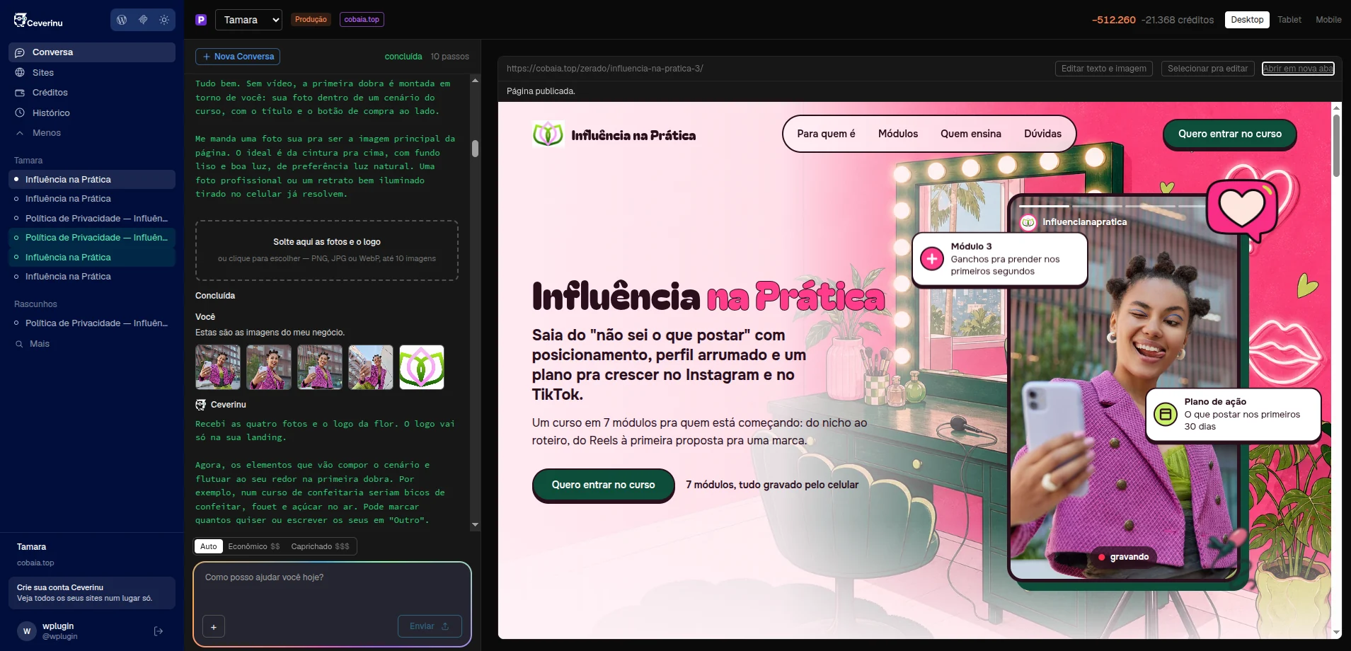 La app de Ceverinu creando una landing page: la conversación a la izquierda y la vista previa a la derecha