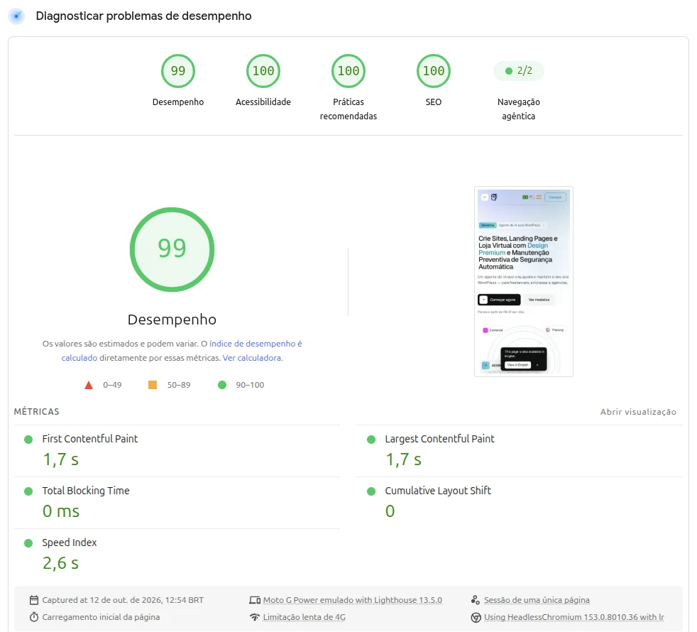 PageSpeed Insights no celular: desempenho 99, acessibilidade 100, práticas recomendadas 100 e SEO 100; LCP 1,7 s