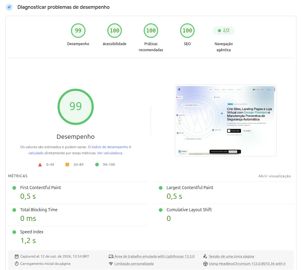 PageSpeed Insights no computador: desempenho 99, acessibilidade 100, práticas recomendadas 100 e SEO 100; LCP 0,5 s